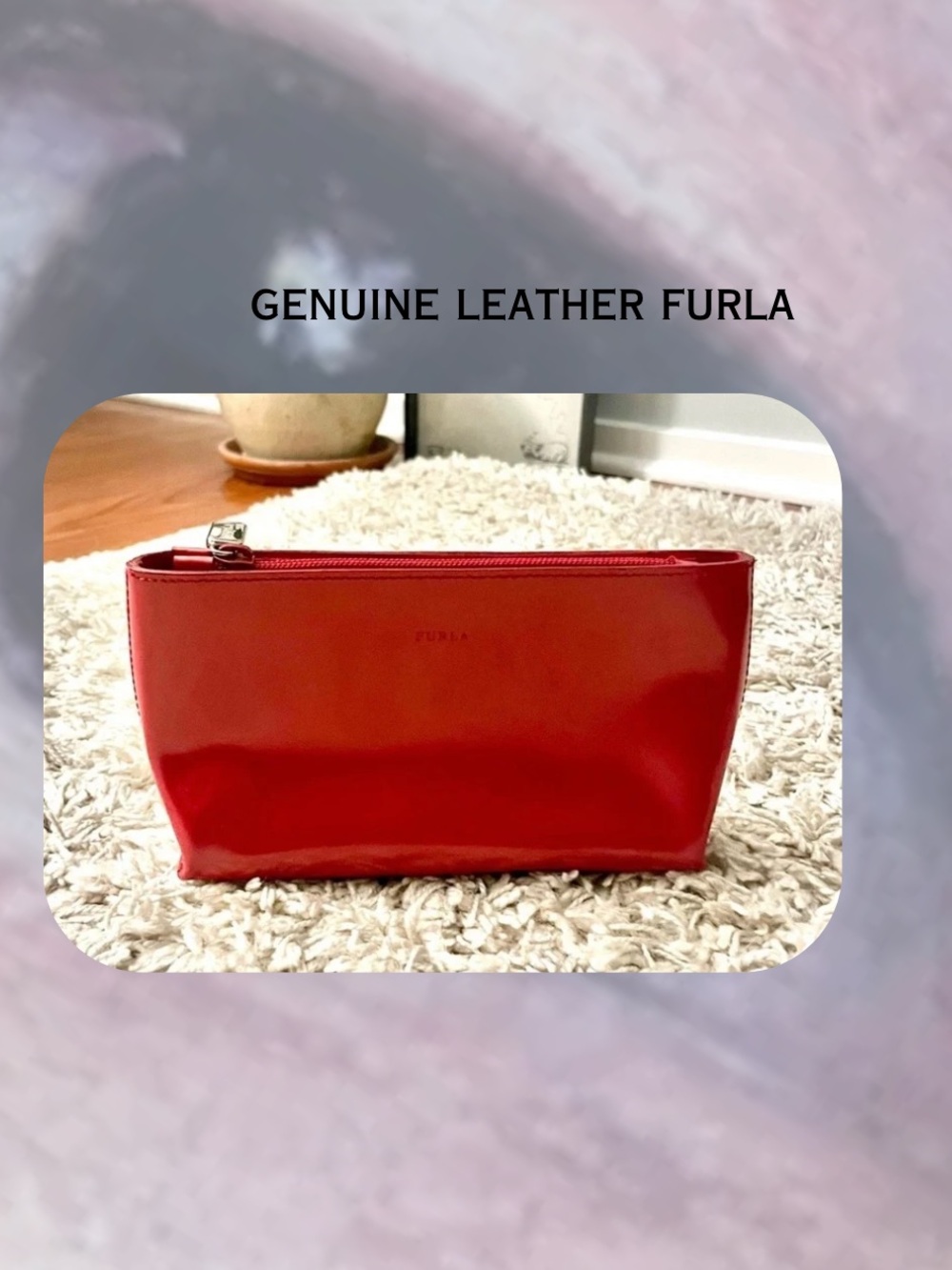 (cosmetic bag) FURLA genuine red leather silver zipper clutch & cosmetic bag